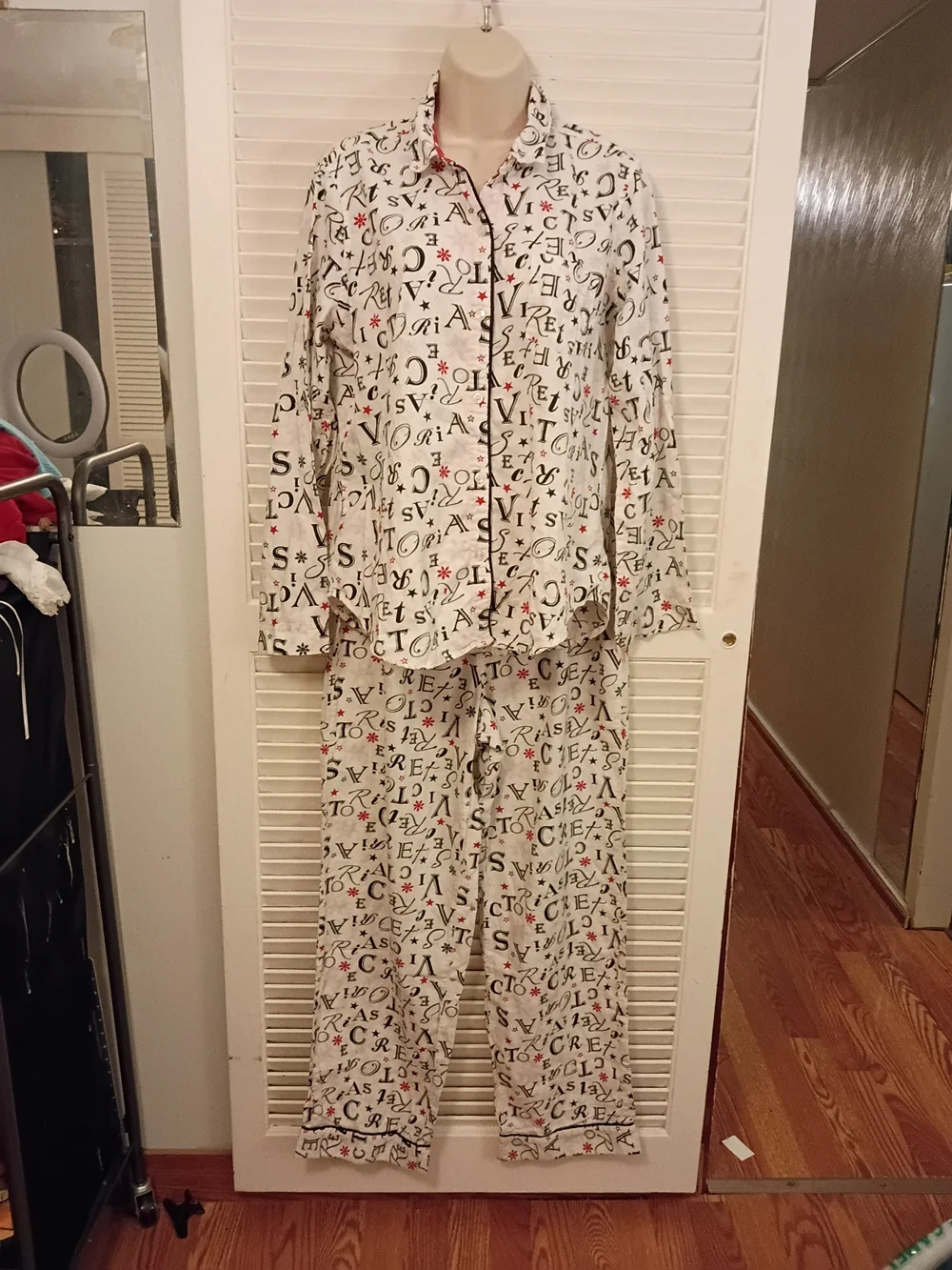 Victoria's Secret Cream Printed Button-Down Pajama Set with Black & Red Accents
